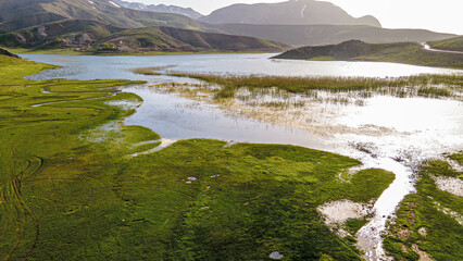 Scenic views of Eğrigöl Lake and Geyik Mount which is on the Söbüçimen Plateau at the foothills of the Geyik Mountains of the Taurus Mountains, on the border of Konya and Antalya.
