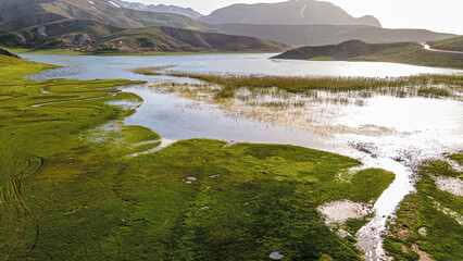 Scenic views of Eğrigöl Lake and Geyik Mount which is on the Söbüçimen Plateau at the...