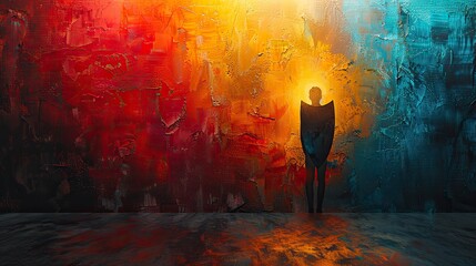 An abstract painting of a person with a health shield, symbolizing wellness. stock image
