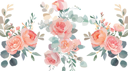 Watercolour Floral Bouquets Pink Blush Roses Spring