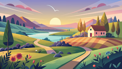 Idyllic Countryside Sunset Landscape with Farmhouse and River. Vector illustration of Hush Vacation