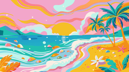 Fototapeta premium Vibrant Tropical Beach Sunset with Palms and Ocean Waves Illustration. Vector illustration of Hush Vacation