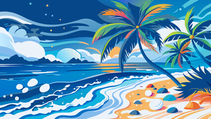 Tropical Beach Paradise: Palm Trees, Ocean Waves, and Clear Skies. Vector illustration of Hush Vacation