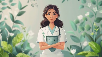 An illustration of a nurse with a shield, symbolizing protection against diseases. stock photo