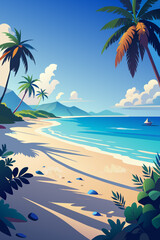 Tropical Beach Paradise with Palm Trees and Pristine Waters. Vector illustration of Hush Vacation