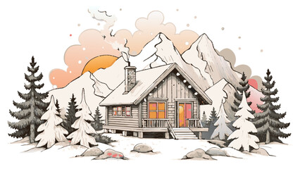 Idyllic Winter Cabin Retreat in Snowy Mountain Landscape. Vector illustration of Hush Vacation