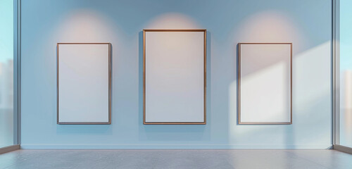 Elegant art space with three large blank frames on a pale blue wall, subtle illumination, 3D rendering