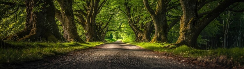 A beautiful tree-lined pathway bathed in green light, perfect for a tranquil walk in nature. Ideal for nature-themed projects and relaxation.
