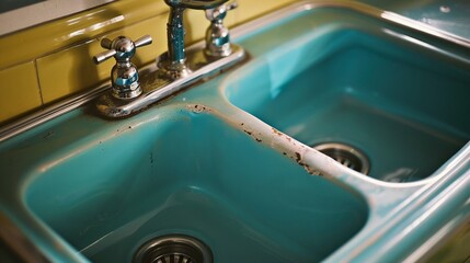 Vintage kitchen sink made of cast iron with enamel coating, close-up on an isolated background, studio lighting highlighting its sturdy and colorful design
