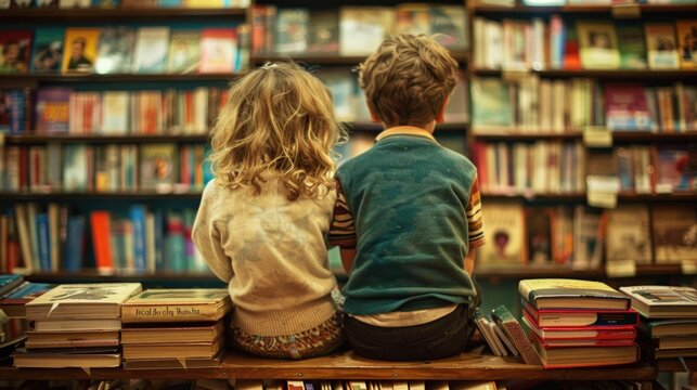 children sitting in a bookstore, looking at shelves filled with books, and talking about the books, back to school concept