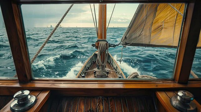 Ocean surface view from a captain's ship window at sea, capturing the calm waves and blue horizon.
 Seamless looping 4k time-lapse virtual video animation background. Generated AI