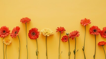 An illustration with a border made up of red daisies, a yellow background, and an empty space