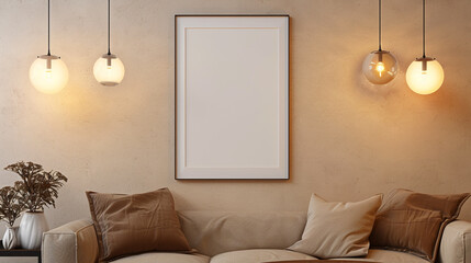A cozy, boutique gallery with a blank white frame mockup on a soft beige wall, with warm, inviting lighting creating a relaxed atmosphere