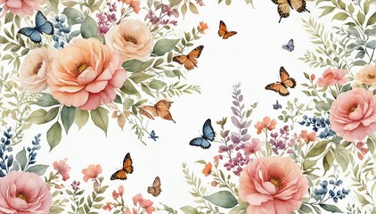 Floral Pattern with Butterflies on a White Background