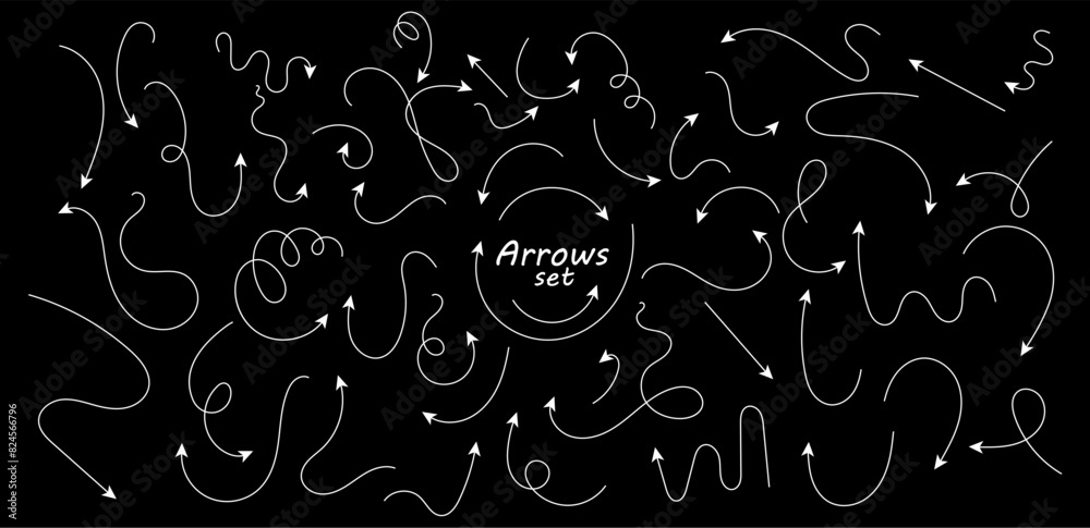 Poster set of hand drawn thin line arrows. collection of curved pointers. white vector pointers pointing in