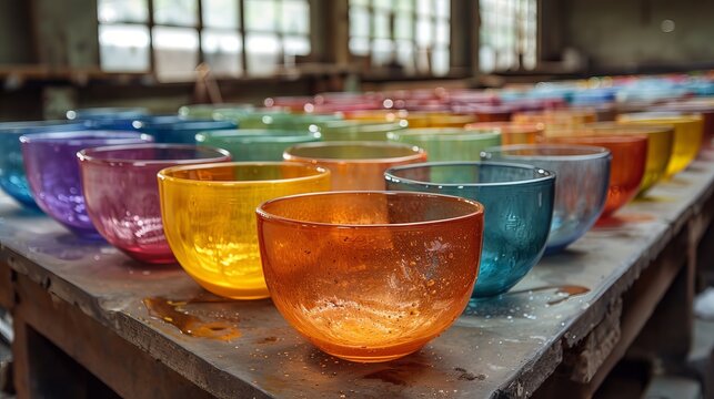 Artisanal glass bowls in colorful array