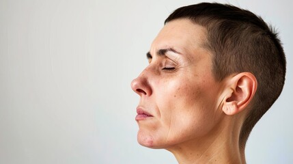Obraz premium Close-up side profile of a person with a shaved head and closed eyes, showing detailed facial features against a plain background.