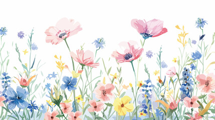 Wild flowers Four  border banner watercolor digital illustration