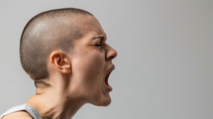 Side profile of a person with a shaved head shouting, expressing strong emotion and intensity against a plain background.
