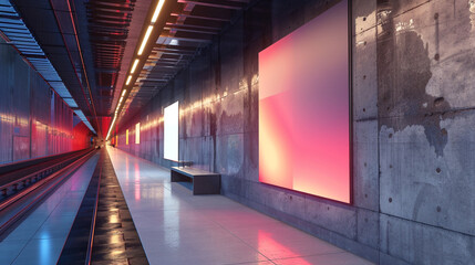 Modern minimalist poster mockup on a subway station wall, 3D rendered in high definition, blank for customization.