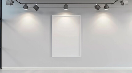 A modern art gallery showcasing a blank white frame mockup on a pale gray wall, illuminated by...