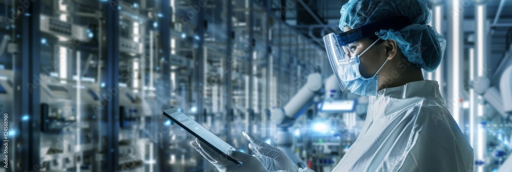 Poster at a modern electronics factory with automated robots, a female technician with protective coveralls