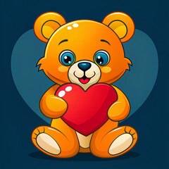 A cute cartoon teddy bear holding a red heart, sitting with a cheerful smile, conveying warmth, love, and affection.