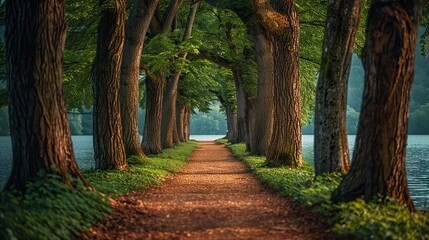Environmental conservation concept, A forest path lined with trees, symbolizing the tranquility and importance of preserving natural trails. Realistic Photo,