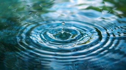 Single water drop falling into a clear blue pond, radiating perfect circular ripples