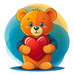 Naklejka premium A cute cartoon teddy bear holding a red heart, sitting with a cheerful smile, conveying warmth, love, and affection.