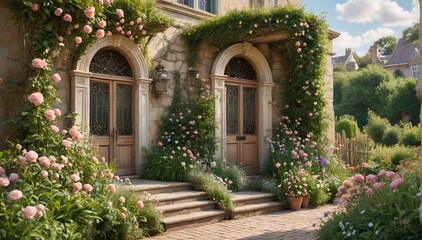 Fototapeta premium Stunning Garden Facade with Romantic Ivy and Flower Arrangements