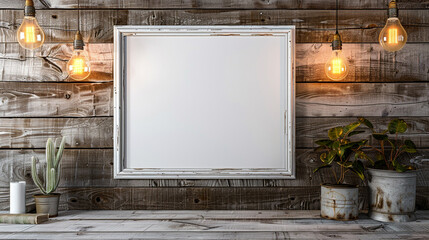 A rustic gallery setting with a blank white frame mockup on a weathered wooden wall, enhanced by the warm, diffused light of Edison bulbs - Powered by Adobe