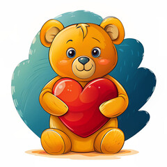 Obraz premium A cute cartoon teddy bear holding a red heart, sitting with a cheerful smile, conveying warmth, love, and affection.