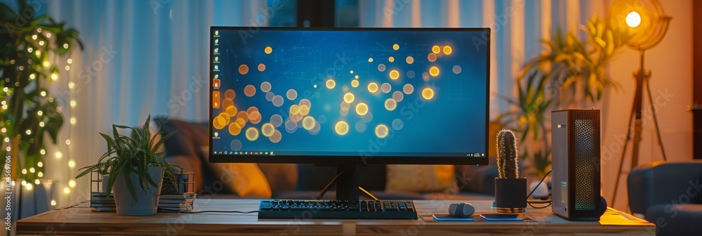 Poster on the wooden desk in the creative cozy living room is a desktop computer with a user interface deve