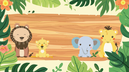 Wooden Board with Cute Safari Animals with Leaves 