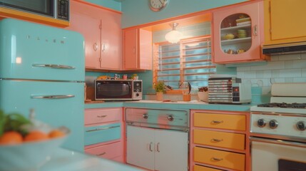 retro-style kitchen with vintage appliances, tiled backsplash, and vibrant colors