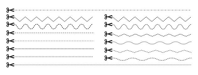 Set of scissors with cut lines. Vector collection of horizontal dashed strokes and scissors cutting the paper by the different lines. Paper cut icons on white background