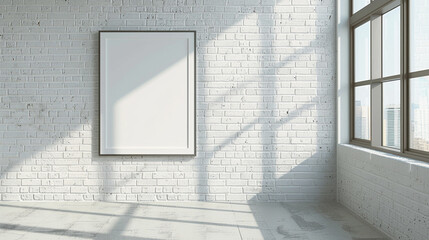 A serene art gallery space featuring a blank white frame mockup on a textured white brick wall, with natural sunlight streaming through large windows