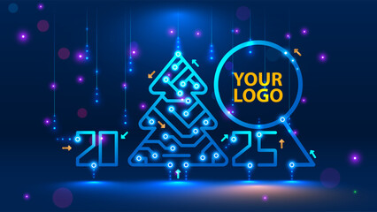 Template New Year and Happy Christmas cards in the style of new technology. Christmas tree, 2025 year on printed circuit Board. Snowfall, snow flakes from the electronic pulses and signals. Tech 2025.