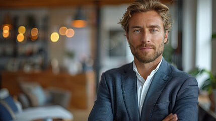 Fototapeta premium seo banker broker financial director gorgeous serious caucasian wealthy business man in a suit standing with crossed arms at office illustration photo