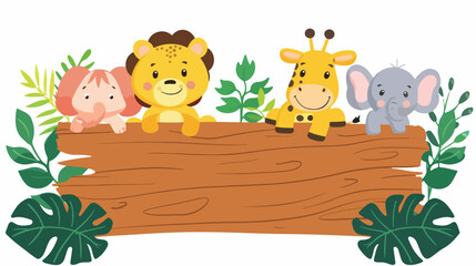 Wooden Board with Cute Safari Animals with Leaves 