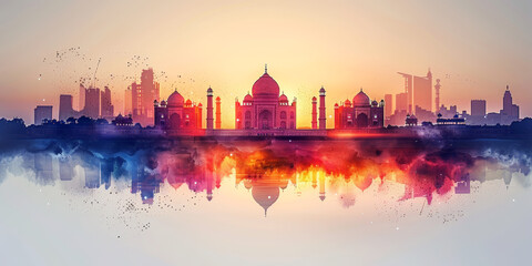 Modern artistic cityscape of the Taj Mahal with a gradient sunset sky, perfect for creative and cultural themes. Independence Day of India.