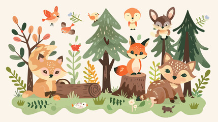Woodland Animals and Trees Illustration Vector illustration