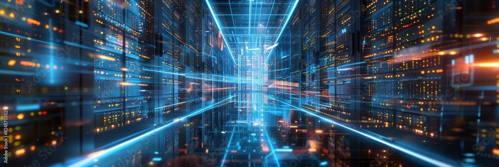 Poster image of a modern data center featuring multiple rows of fully operational server racks showcasing m