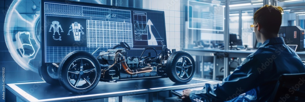 Poster electric car chassis prototype, wheels, batteries, and engine are tested in a high tech development 