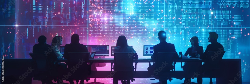 Poster professionals meet in modern office: computer programmers brainstorm and discuss planning. software 