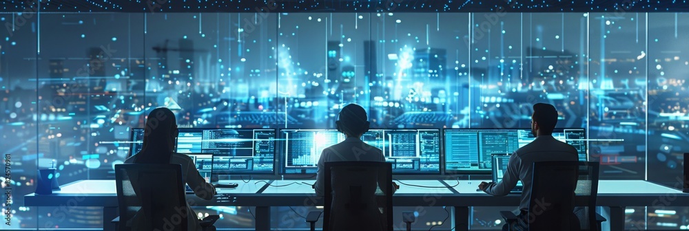 Poster working in a large city office, an ethnically diverse team of it programmers is working on desktop c