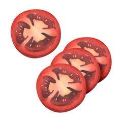Tomato, cut into round slices. Hand drawn watercolor illustration food. Fresh red vegetables. Cooking according to recipes. For background, packaging, label, background design, banner, vegetable shop