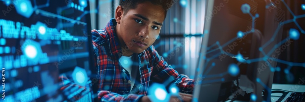 Poster smart, handsome male student studying at a university with multiethnic classmates. he works on deskt