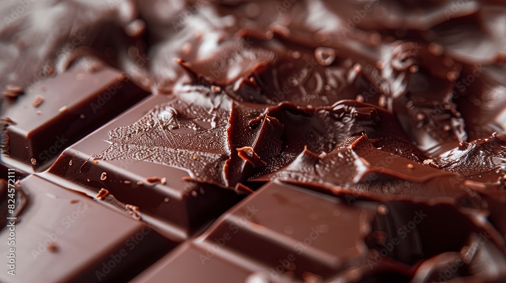 Poster Detailed close-up of a dark chocolate bar, showing break lines and a smooth, even surface. Generative AI